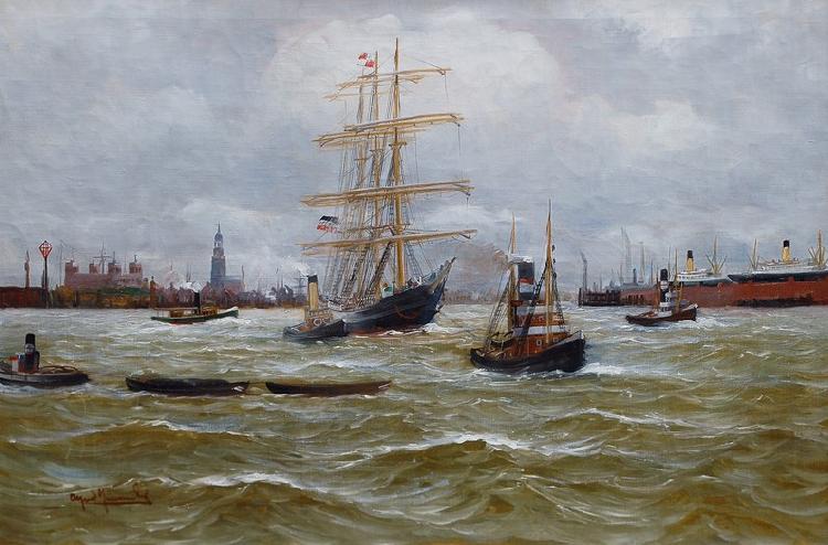 Alfred Jensen Dreimaster und Schlepper im Hamburger Hafen oil painting image